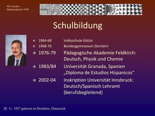 M.C.Escher:
Metamorphosis 1940
Schulbildung
 1964-68 Volksschule Götzis
 1968-76 Bundesgymnasium Dornbirn
 1976-79 Pädagogische Akademie Feldkirch:
Deutsch, Physik und Chemie
 1983/84 Universität Granada, Spanien
„Diploma de Estudios Hispanicos“
 2002-04 Inskription Universität Innsbruck:
Deutsch/Spanisch Lehramt
(berufsbegleitend)
28. 11. 1957 geboren in Dornbirn, Österreich
 