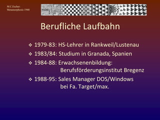 M.C.Escher:
Metamorphosis 1940
Berufliche Laufbahn
 1979-83: HS-Lehrer in Rankweil/Lustenau
 1983/84: Studium in Granada, Spanien
 1984-88: Erwachsenenbildung:
Berufsförderungsinstitut Bregenz
 1988-95: Sales Manager DOS/Windows
bei Fa. Target/max.
 
