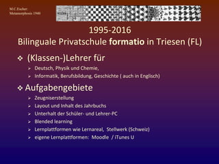 M.C.Escher:
Metamorphosis 1940
1995-2016
Bilinguale Privatschule formatio in Triesen (FL)
 (Klassen-)Lehrer für
 Deutsch, Physik und Chemie,
 Informatik, Berufsbildung, Geschichte ( auch in Englisch)
 Aufgabengebiete
 Zeugniserstellung
 Layout und Inhalt des Jahrbuchs
 Unterhalt der Schüler- und Lehrer-PC
 Blended learning
 Lernplattformen wie Lernareal, Stellwerk (Schweiz)
 eigene Lernplattformen: Moodle / iTunes U
 