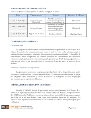 Project proposal : 001/ROCARE-SUB/2016
Version 1.0 Date desoumission: 30Juin 2016 Page 14 sur 16
PLAN DE PRODUCTION DES RAPPORTS
Tableau 2 : Tableau du chronogramme de diffusion des rapports de l’étude
Date Type de rapports Contenu Personnes de référence
Lundi 01 Août 2016 Rapport d’enquête
exploratoire
Checklist des initiatives
communautaires (premier
élément de cartographie), etc.
Chercheur 1
Lundi 15 Août 2016
Rapport d’enquête
Déroulement de la collecte
de données, difficultés
rencontrées, premières
tendances de l’étude, etc.
Chercheur 2
Lundi 29 Août 2016 Rapport final de l’étude Résultats de l’étude Chercheur 3 et 4
CONSIDERATIONS ETHIQUES
Consentement éclairé
Les enquêteurs demanderont le consentement verbal des participants avant le début de la
collecte de données. Le consentement pour toutes les activités sera verbal afin de protéger la
confidentialité des participants (élimination de leur signature sur un document de l'étude). Le formulaire de
consentement éclairé comprendra les éléments essentiels du consentement. Les enquêteurs
préciseront que la participation est volontaire, que la personne qui décide de ne pas participer ne
court aucune peine, et que les participantes peuvent cesser de prendre part à la recherche à tout
moment.
Protection de la vie privée et de la confidentialité
Des procédures seront mises en place pour protéger la vie privée des participants et garder
leurs données confidentielles. Les noms des participants et les informations de localisation ne seront
pas enregistrés sur les instruments de collecte de données. Les participants ne seront désignés par
leur nom dans aucun rapport ou publication.
VALORISATION DES RESULTATS DE L’ETUDE
Le collectif IMPACT dispose de partenaires institutionnels (Ministère de la femme, de la
famille et de la protection de l’enfant, etc.). Nous sommes affiliés aux Nations Unies pour l’atteinte
des ODD (voir certificat d’affiliation en annexe), ce qui nous donne la possibilité de partager nos rapport
d’activités sur le site des Nations Unies. Aussi, nous attendons soumettre des résumés à des
colloques sous régionaux et internationaux et de soumettre des articles révisé par des pairs pour
publication.
 