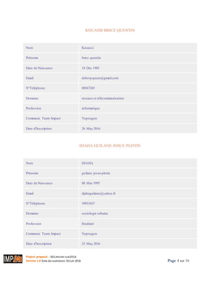 Project proposal : 001/ROCARE-SUB/2016
Version 1.0 Date desoumission: 30Juin 2016 Page 4 sur 16
KOUASSI BRICE QUENTIN
Imprimer
Nom Kouassi
Prénoms brice quentin
Date de Naissance 18 Dec 1983
Email deboxyquent@gmail.com
N°Téléphone 08367265
Domaine reseaux et télécommunication
Profession informatique
Commune Team Impact Yopougon
Date d'Inscription 26 May 2016
DJAHA GUILANE JOSUE PLOTIN
Imprimer
Nom DJAHA
Prénoms guilane josue plotin
Date de Naissance 08 Mar 1995
Email djahaguilane@yahoo.fr
N°Téléphone 59933437
Domaine sociologie urbaine
Profession Etudiant
Commune Team Impact Yopougon
Date d'Inscription 25 May 2016
 