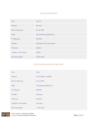 Project proposal : 001/ROCARE-SUB/2016
Version 1.0 Date desoumission: 30Juin 2016 Page 5 sur 16
KOUESSI INNOCENT
Imprimer
Nom Kouessi
Prénoms Innocent
Date de Naissance 01 Apr 1985
Email innocentkouessi@gmail.com
N°Téléphone 08720189
Domaine Sociologie de l'environnement
Profession Etudiant
Commune Team Impact Abobo
Date d'Inscription 20 May 2016
PETUO TOURE GNIGUIN ADELAÏDE
Imprimer
Nom Petuo
Prénoms Touré Gniguin Adélaïde
Date de Naissance 02 Aug 1996
Email Touregniguin@Gmail.com
N°Téléphone 08445162
Domaine Sociologie
Profession étudiante
Commune Team Impact Yopougon
Date d'Inscription 13 May 2016
 