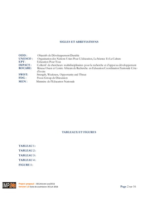Project proposal : 001/ROCARE-SUB/2016
Version 1.0 Date desoumission: 30Juin 2016 Page 2 sur 16
SIGLES ET ABREVIATIONS
ODD : Objectifs de Développement Durable
UNESCO : Organisation des Nations Unies Pour L’éducation, La Science Et La Culture
EPT : Education Pour Tous
IMPACT : Collectif de chercheurs multidisciplinaires pour la recherche et d’appui au développement
ROCARE: Réseau Ouest et Centre Africain de Recherche en Education Coordination Nationale Côte-
d'ivoire
SWOT: Strength, Weakness, Opportunity and Threat
FDG : Focus Group de Discussion
MEN : Ministère de l’Education Nationale
TABLEAUX ET FIGURES
TABLEAU 1 :
TABLEAU 2 :
TABLEAU 3 :
TABLEAU 4 :
FIGURE 1 :
 