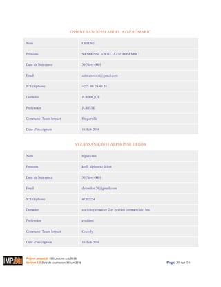 Project proposal : 001/ROCARE-SUB/2016
Version 1.0 Date desoumission: 30Juin 2016 Page 30 sur 16
OSSENE SANOUSSI ABDEL AZIZ ROMARIC
Nom OSSENE
Prénoms SANOUSSI ABDEL AZIZ ROMARIC
Date de Naissance 30 Nov -0001
Email azizsanoussi@gmail.com
N°Téléphone +225 08 24 48 51
Domaine JURIDIQUE
Profession JURISTE
Commune Team Impact Bingerville
Date d'Inscription 16 Feb 2016
N'GUESSAN KOFFI ALPHONSE DELON
Nom n'guessan
Prénoms koffi alphonse delon
Date de Naissance 30 Nov -0001
Email delondon29@gmail.com
N°Téléphone 47202254
Domaine sociologie master 2 et gestion commerciale bts
Profession etudiant
Commune Team Impact Cocody
Date d'Inscription 16 Feb 2016
 