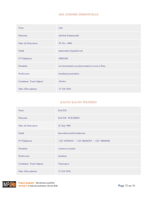 Project proposal : 001/ROCARE-SUB/2016
Version 1.0 Date desoumission: 30Juin 2016 Page 33 sur 16
AKE ATHOBIE EMMANUELLE
Imprimer
Nom Ake
Prénoms athobié Emmanuelle
Date de Naissance 30 Nov -0001
Email manouake1@gmail.com
N°Téléphone 58092360
Domaine environnement assainissement et acces à l'éau
Profession étudiante journaliste
Commune Team Impact Abobo
Date d'Inscription 15 Feb 2016
KACOU KACOU WILFRIED
Nom KACOU
Prénoms KACOU WILFRIED
Date de Naissance 24 Sep 1986
Email kacoukacou@hotmail.com
N°Téléphone +225 02304554 / +225 06644259 / +225 49669448
Domaine sciences sociales
Profession étudiant
Commune Team Impact Yopougon
Date d'Inscription 15 Feb 2016
 