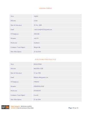 Project proposal : 001/ROCARE-SUB/2016
Version 1.0 Date desoumission: 30Juin 2016 Page 44 sur 16
ADJOBI CORINE
Imprimer
Nom Adjobi
Prénoms corine
Date de Naissance 30 Nov -0001
Email vanessaadjobi225@gmail.com
N°Téléphone 59931496
Domaine web.TV
Profession étudiante
Commune Team Impact Bingerville
Date d'Inscription 25 Jan 2016
BAKAYOKO MOUSSA FLIE
Nom BAKAYOKO
Prénoms MOUSSA FLIE
Date de Naissance 15 Jan 1986
Email Diekuissi86@gmail.com
N°Téléphone 57995915
Domaine CRIMINOLOGIE
Profession ETUDIANT
Commune Team Impact Cocody
Date d'Inscription 23 Jan 2016
 