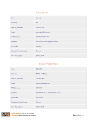 Project proposal : 001/ROCARE-SUB/2016
Version 1.0 Date desoumission: 30Juin 2016 Page 63 sur 16
KOUAME KRAIMPRIMER
Nom kouamé
Prénoms kra
Date de Naissance 25 May 1984
Email kouamkra24@yahoo.fr
N°Téléphone 08358833/01107306
Domaine sociologie du développement rural
Profession etudiant
Commune Team Impact Cocody
Date d'Inscription 19 Dec 2015
BEUGRE N'DRI MARIUS
Nom BEUGRE
Prénoms N'DRI MARIUS
Date de Naissance 30 Nov -0001
Email bmtresor@gmail.com
N°Téléphone 09869609
Domaine SOCIOLOGIE et ANTHROPOLOGIE
Profession Sociologue
Commune Team Impact Cocody
Date d'Inscription 17 Dec 2015
 
