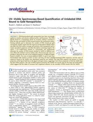 UV−Visible Spectroscopy-Based Quantiﬁcation of Unlabeled DNA
Bound to Gold Nanoparticles
Brandi L. Baldock and James E. Hutchison*
Department of Chemistry and Biochemistry, University of Oregon, 1253 University of Oregon, Eugene, Oregon 97403-1253, United
States
*S Supporting Information
ABSTRACT: DNA-functionalized gold nanoparticles have been increasingly
applied as sensitive and selective analytical probes and biosensors. The DNA
ligands bound to a nanoparticle dictate its reactivity, making it essential to
know the type and number of DNA strands bound to the nanoparticle surface.
Existing methods used to determine the number of DNA strands per gold
nanoparticle (AuNP) require that the sequences be ﬂuorophore-labeled, which
may aﬀect the DNA surface coverage and reactivity of the nanoparticle and/or
require specialized equipment and other ﬂuorophore-containing reagents. We
report a UV−visible-based method to conveniently and inexpensively
determine the number of DNA strands attached to AuNPs of diﬀerent core
sizes. When this method is used in tandem with a ﬂuorescence dye assay, it is
possible to determine the ratio of two unlabeled sequences of diﬀerent lengths
bound to AuNPs. Two sizes of citrate-stabilized AuNPs (5 and 12 nm) were
functionalized with mixtures of short (5 base) and long (32 base) disulﬁde-terminated DNA sequences, and the ratios of
sequences bound to the AuNPs were determined using the new method. The long DNA sequence was present as a lower
proportion of the ligand shell than in the ligand exchange mixture, suggesting it had a lower propensity to bind the AuNPs than
the short DNA sequence. The ratio of DNA sequences bound to the AuNPs was not the same for the large and small AuNPs,
which suggests that the radius of curvature had a signiﬁcant inﬂuence on the assembly of DNA strands onto the AuNPs.
DNA-functionalized gold nanoparticles (DNA−NPs),
recently coined spherical nucleic acids,1
have enormous
potential as sensitive and selective analytical probes and
biosensors due to their ability to recognize and speciﬁcally
respond to target molecules, free DNA strands, and DNA
strands bound to gold nanoparticles (AuNPs) or planar gold
surfaces.1,2
Analyte binding by DNA recognition sequences can
be used to direct DNA−NP assembly1,3
or disassembly4,5
in
solution, triggering a colorimetric response based on nano-
particle plasmon resonance coupling.
The binding speciﬁcity of DNA sequences allows DNA−NPs
to detect DNA in vitro, diﬀerentiating between sequences
containing single-base imperfections.6
The biocompatibility and
colloidal stability of DNA−NPs make them ideally suited for
sensing in vivo,7,8
where they can detect cellular mRNA levels9
and regulate biological events.9,10
The myriad of potential
DNA−NP sensing applications means it is critical to under-
stand and control their properties.
The properties of DNA−NPs depend on their ligand shell
composition that typically consists of a single recognition
sequence,3,11,12
a mixture of two diﬀerent recognition
strands,9,13,14
or a mixture of recognition strands and diluent
[such as poly(ethylene glycol),13,15−17
polyadenosine,18,19
or
polythymine16
ligands]. The number of DNA recognition
strands bound to AuNPs dictates the number of comple-
mentary sequences they bind,18,20
their cellular uptake
mediated by protein binding,15
resistance to oxidative
decomposition,17
and melting temperature of assembled
DNA−NPs.19
DNA−NPs functionalized with two diﬀerent types of DNA
strands, e.g., a recognition sequence (typically 12−72 bases)
and a diluent sequence (typically ≤18 bases), or two diﬀerent
recognition sequences, are of growing importance due to their
deﬁned targeting, signaling13
and regulatory properties.9
DNA−
NPs functionalized with limited numbers of recognition strands
have been developed as building blocks for programmable
materials.1,21−23
“Diluent” DNA sequences have also been used
tune the number of DNA recognition sequences displayed on
the surface of DNA−NPs.14,16
Diluting the number of
recognition strands is advantageous because it promotes
DNA hybridization.18,20,24
The charged nature of DNA-based
diluents helps maintain the colloidal stability of DNA−NPs. To
produce DNA−NPs with desired properties, it is critical to
control and rigorously characterize the type and number of
DNA strands bound to the surface of AuNPs.
The number of DNA strands per AuNP is typically
determined using ﬂuorescence “turn-on”18
or “turn-oﬀ”25,26
methods. In the “turn-on” method, ﬂuorophore-labeled DNA is
attached to AuNPs and displaced by small thiol ligands. The
Received: July 11, 2016
Accepted: October 26, 2016
Published: October 26, 2016
Article
pubs.acs.org/ac
© 2016 American Chemical Society 12072 DOI: 10.1021/acs.analchem.6b02640
Anal. Chem. 2016, 88, 12072−12080
 