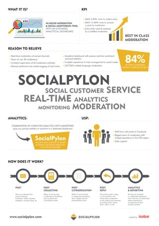 ANALYTICS: USP:
www.socialpylon.com
HOW DOES IT WORK?
WHAT IT IS?
REASON TO BELIEVE
• Real-time moderation of owned channels
• Team of over 40 moderators
• Constant supervision of all moderators activities
• Manual sentiment and context tagging of each entry
• Analytical dashboard with precise real-time sentiment
and post statistics
• In-depth experience in crisis management in social media
• 24/7/365 multiple language moderation
COMBINATION OF COMPUTER ANALYTICS WITH MANPOWER
gives you precise statistics in real-time in a dedicated dashboard
POST
Data are collected from
owned channels:
Facebook, Twitter, Youtube,
Instagram, company blog, etc.
POST
COLLECTING
Within 3 min the post
is collected by SocialPylon
and converted into
a SocialPylon ticket
POST
CATEGORIZATION
Within 5 min the ticket
is categorized (sentiment,
type, category) by the
premoderation team
POST
REPLY
If the ticket needs a reply,
it is forwarded to one
of the senior moderators
on the project and answered
according to the „brand
book” within 15 min
ANALYTICS
& REPORTING
All data are available
in a dedicated dashboard
and in the form of customized
reports prepared by
an experienced team
of data scientists
KPI
created by
SOCIAL CUSTOMER SERVICESOCIAL CUSTOMER SERVICESOCIAL CUSTOMER
REAL-TIME ANALYTICS
SOCIALPYLON
MONITORING MODERATION
• Shift from call-center to Facebook
• Biggest team of moderators with
longest experience in the CEE region
• Sales support
IN-HOUSE MODERATION
& SOCIAL MONITORING TOOL
WITH AN EXTENDED
ANALYTICAL DASHBOARD
84%OF POSTS ANSWERED
WITHIN 15 MINUTES IN 2014
SocialPylon
ALLOWS OUR CLIENTS TO MAKE
BUSINESS DECISIONS BASED ON
THE DATA WE DELIVER
BEST IN CLASS
MODERATION
• MAX 3 MIN: time to collect entry
• MAX 15 MIN: time to answer
a post by moderator
• Every entry read & assessed
by a certified moderator
 