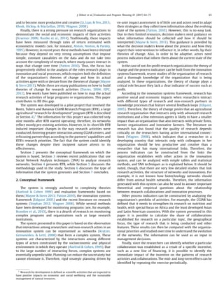 and to become more productive and creative (Li, Liao, & Yen, 2013;
Klenk, Hickey, & MacLellan, 2010; Wagner, 2008).
Finally, there is a strong pressure on research organizations to
demonstrate the social and economic impacts of their activities
(Kraemer 2006; Rusike et al., 2014). Traditionally, these impacts
have been measured through rates of return estimated with
econometric models (see, for instance, Alston, Norton, & Pardey,
1995). However, in recent years these methods have been criticized
because they depend on very strong assumptions that impose
simple, constant causalities on the data and do not take into
account the complexity of research, where many causes interact in
ways that change over time (Patton 2010). Thus, the focus has
progressively shifted to the analysis of the roles research plays in
innovation and social processes, which requires both the deﬁnition
of the organization’s theories of change and how its actual
activities agree with or deviate from the theories of change (Mayne
& Stern 2013). While there are many publications on how to build
theories of change for research activities (Davies, 2004; ISPC,
2012), few works have been published on how to map the actual
research activities of large programs or organizations. This paper
contributes to ﬁll this gap.
The system was developed in a pilot project that involved the
Roots, Tubers and Bananas CGIAR Research Program (RTB), a large
agricultural “research for development” program (RTB is described
in Section 4).1
The information for this project was collected only
nine months after RTB started operating; therefore, its networks
reﬂect mostly pre-existing activities. However, in its short life RTB
induced important changes in the way research activities were
conducted, fostering greater interaction among CGIAR centers, and
refocusing partnerships according to the partners’ capabilities and
RTB’s research priorities. The fact that the system could identify
these changes despite their incipient nature attests to its
effectiveness.
Section 2 presents the conceptual framework on which the
system is based. Section 3 reviews recent publications that use
Social Network Analysis techniques (SNA) to analyze research
networks. Section 4 presents RTB, while Section 5 discusses the
methodology used in the study. Section 6 discusses the type of
information that the system generates and Section 7 concludes.
2. Conceptual framework
The system is strongly anchored to complexity theories
(Axelrod & Cohen 1999) and evaluation frameworks based on
them (Mayne & Stern 2013; Patton 2010), the innovation systems
framework (Edquist 2005) and the recent literature on research
systems (Stephan 2012; Wagner 2008). While several methods
have been developed for monitoring programs (see, for example,
Brandon et al., 2013), there is a dearth of research on monitoring
complex programs and organizations such as large research
institutions.
The system presented in this paper is based on the observation
that interactions among researchers and non-research actors in an
innovation system can be represented as networks (Kratzer,
Gemuneden, & Lettl, 2008) that form a complex system. These
systems are characterized by the interactions among different
types of actors constrained by the socioeconomic and physical
environment in which they operate (Axelrod & Cohen, 1999). Due
to the large number of interacting forces, complex systems are
essentially unpredictable. Planning can reduce the uncertainty but
cannot eliminate it. Therefore, rigid strategic planning driven by
ex-ante impact assessment is of little use and actors need to adapt
their strategies as they collect new information about the evolving
state of the system (Patton, 2010). However, this is no easy task.
Due to their limited resources, decision makers need guidance on
what information should be collected and how it should be
interpreted (Mayne & Stern, 2013). This guidance is provided by
what the decision makers know about the process and how they
expect their interventions to inﬂuence it, in other words, by their
theories of change. Also, in order to be adaptive, actors need
process indicators that inform them about the current state of the
system.
In the case of not-for-proﬁt research organizations the theory of
change and the process indicators can be built from the innovation
systems framework, recent studies of the organization of research
and a thorough knowledge of the organization that is being
analyzed. In these organizations, the theory of change plays a
critical role because they lack a clear indicator of success such as
proﬁt.
According to the innovation systems framework, research has
positive social and economic impacts when researchers interact
with different types of research and non-research partners in
knowledge processes that feature several feedback loops (Edquist,
2005). Therefore, the theory of change posits that an agricultural
research organization that interacts only with advanced research
institutions and a few extension agents is likely to have a smaller
impact than an organization that also interacts with private ﬁrms,
farmer organizations and innovative farmers. The literature on
research has also found that the quality of research depends
critically on the researchers having active international connec-
tions (Wagner, 2008), which indicates that a researcher in a
developing country that interacts only with colleagues in her
organization should be less productive and creative than a
researcher that has many international links. Therefore, the
process indicators can be constructed from the links the
organization establishes with other actors in the innovation
system, and can be analyzed with simple tables and statistical
methods, and SNA techniques as is explained below. It should be
noted, though, that there are very few detailed studies that link
research activities, the structure of networks and innovations. For
example, it is not known how biotechnology networks should
differ from animal health networks. Therefore, the information
generated with this system can also be used to answer important
theoretical and empirical questions about the relationship
between research collaborations and innovation processes.
Other process indicators can be constructed by analyzing the
organization’s portfolio of activities. For example, the CGIAR has
deﬁned that it needs to strengthen its research on nutrition and
health, with special focus on Africa and the least developed Asian
and Latin American countries. With the system presented in this
paper it is possible to calculate the share of collaborations
established for research on a particular topic, the geographical
focus, the type of research that is being conducted and other
features. These results can then be compared with the organiza-
tional priorities and studied over time to understand the evolution
of the networks. The information can be used as an input in
management decisions.
Finally, since the researchers can identify whether a particular
collaboration was established as a result of a speciﬁc incentive,
such as a new line of ﬁnancing, it is possible to identify the
immediate impact of the incentive on the patterns of research
activities and collaborations. The mid- and long-term effects can be
identiﬁed by repeating the exercise periodically.
1
Research for development is deﬁned as scientiﬁc activities that are expected to
have positive impacts on economic and social wellbeing and the sustainable
management of natural resources.
J. Ekboir et al. / Evaluation and Program Planning 61 (2017) 64–75 65
 