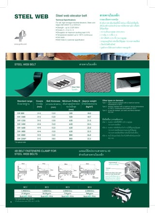 Steel web elevator belt
Technical Specifications
For tall, high tonnage industrial elevators. Steel cord
keeps belt stretch to a minimum.
• Strength - up to 2,500 kN/m
• Covers 3 + 3 or 4 + 4
• Elongation at maximum working load 0.5%
• Temperature resistant up to 130°C continuous
• Anti static
• Bolt holes to customer specification
สายพานใยเหล็ก
รายละเอียดทางเทคนิค
สําหรับการลําเลียงวัสดุที่มีนํ้าหนักมากขึ้นไปยังที่สูงซึ่ง
เสนใยเหล็กจะยังคงรักษาสภาพใหสายพานมีการยืดตัว
ไดนอยที่สุด
• ความแข็งแรง-สูงสุด 2500 kN/m
• การหุม 3+3 หรือ 4+4
• มีการยืดตัว 0.5% ที่ภาระงานสูงสุด
• ทนอุณหภูมิอยางตอเนื่องไดสูงสุด 130 องศาเซลเซียส
• ปองกันไฟฟาสถิตย
• รูสลักเจาะไดตามความตองการของลูกคา
* On special order
* For textile belts, use only BC1.
* สําหรับสายพานทอ ใชกับ BC1 เทานั้น
Steel Web
ใยเหล็ก
Other types on demand:
Type 1 - highly abrasion resistant with a maximum service
temperature of 100°C
Type 2 - abrasion resistant with a maximum service temperature
of 130°C. Continuous short peaks at 150°C
Type 3 - oil and fat resistant, anti static and flame retardant
ISO 340
มีชนิดอื่นๆ ตามตองการ
ชนิด 1- ทนตอการขัดสีไดดีที่การทํางานสูงสุด
100 องศาเซลเซียส
ชนิด 2- ทนตอการขัดสีพรอมกับทํางานไดที่อุณหภูมิสูงสุด
130 องศาเซลเซียสและทนอุณหภูมิไดสูงสุด
150 องศาเซลเซียสไดอยางตอเนื่องในชวงสั้นๆ
ชนิด 3- ทนนํ้ามันและไขมัน ปองกันไฟฟาสถิตยและทนไฟ
ISO 340
Covers
การหุม
(mm)
Belt thickness
ความหนาสายพาน
(mm)
Minimum Pulley Ø
เสนผานศูนยกลางรอก
ขนาดเล็กสุด
(mm)
Approx weight
นํ้าหนักโดยประมาณ
(kg/m2
)
Hightensilebolt
สลักทนแรงดึงสูง
Carcass
โครง
Steel Extra heavy duty cable
clamp for high tensile belt
แคลมปเหล็กยึดสายพาน
ชนิดแข็งแรงทนทานพิเศษ
สําหรับสายพานแรงดึงสูง
STEEL WEB BELT
4B BELT FASTENERS CLAMP FOR
STEEL WEB BELTS
สายพานใยเหล็ก
แคลมปยึดประกบสายพาน 4B
สําหรับสายพานใยเหล็ก
Standard range
ชวงมาตรฐาน
Bolt/สลัก M16 Bolt/สลัก M16 Bolt/สลัก M16 Bolt/สลัก M16
 