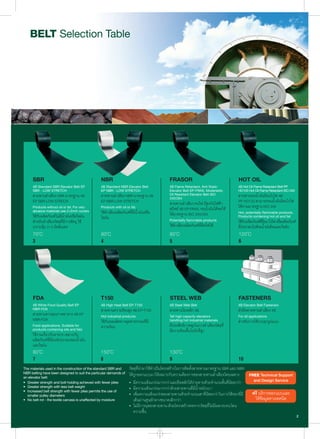4B Standard SBR Elevator Belt EP
SBR - LOW STRETCH
สายพานลําเลียง SBR มาตรฐาน 4B
EP SBR-LOW STRECH
Products without oil or fat. For very
abrasive materials use 2+2mm covers
ใชกับผลิตภัณฑไมมีนํ้ามันหรือไขมัน
สําหรับลําเลียงวัสดุที่มีการขัดถู ใช
เกราะหุม 2+2 มิลลิเมตร
4B White Food Quality Belt EP
NBR-FDA
สายพานขาวคุณภาพอาหาร 4B EP
NBR-FDA
Food applications. Suitable for
products containing oils and fats
ใชงานเกี่ยวกับอาหาร เหมาะกับ
ผลิตภัณฑที่มีองคประกอบของนํ้ามัน
และไขมัน
4B Standard NBR Elevator Belt
EP NBR - LOW STRETCH
สายพานลําเลียง NBR มาตรฐาน 4B
EP NBR-LOW STRETCH
Products with oil or fat.
ใชลําเลียงผลิตภัณฑที่มีนํ้ามันหรือ
ไขมัน
4B High Heat Belt EP-T150
สายพานความรอนสูง 4B EP-T150
Hot industrial products
ใชกับผลผลิตทางอุตสาหกรรมที่มี
ความรอน
4B Flame Retardant, Anti Static
Elevator Belt EP-FRAS, Moderately
Oil Resistant Elevator Belt ISO
340/284
สายพานลําเลียง ทนไฟ ปองกันไฟฟา
สถิตย 4B EP-FRAS, ทนนํ้ามันไดพอใช
ไดมาตรฐาน ISO 340/284
Potentially flammable products
ใชลําเลียงผลิตภัณฑที่ติดไฟได
4B Steel Web Belt
สายพานใยเหล็ก 4B
Tall high capacity elevators
handling hot industrial materials
มีประสิทธิภาพสูงในการลําเลียงวัสดุที่
มีความรอนขึ้นไปยังที่สูง
4B Hot Oil Flame Retardant Belt PP
HO120 Hot Oil Flame Retardant ISO 340
สายพานทนนํ้ามันรอนไวไฟ 4B
PP HO120 สามารถทนนํ้ามันรอนไวไฟ
ไดตามมาตรฐาน ISO 340
Hot, potentially flammable products.
Products containing hot oil and fat
ใชกับผลิตภัณฑที่รอนไวไฟหรือผลิตภัณฑ
ที่ประกอบไปดวยนํ้ามันรอนและไขมัน
4B Elevator Belt Fasteners
ตัวยึดสายพานลําเลียง 4B
For all applications
สําหรับการใชงานทุกรูปแบบ
The materials used in the construction of the standard SBR and
NBR belting have been designed to suit the particular demands of
an elevator belt:
• Greater strength and bolt holding achieved with fewer plies
• Greater strength with less belt weight
• Increased belt strength with fewer plies permits the use of
smaller pulley diameters
• No belt rot - the textile carcass is unaffected by moisture
วัสดุที่นํามาใชทําเปนโครงสรางในการติดตั้งสายพานมาตรฐาน SBR และ NBR
ไดถูกออกแบบมาใหเหมาะกับความตองการของสายพานลําเลียงโดยเฉพาะ
• มีความแข็งแกรงมากกวาและยึดสลักไดงายดายดวยจํานวนชั้นที่นอยกวา
• มีความแข็งแกรงมากกวาดวยสายพานที่มีนํ้าหนักเบา
• เพิ่มความแข็งแกรงของสายพานดวยจํานวนเสาที่นอยกวาในการใชรอกที่มี
เสนผานศูนยกลางขนาดเล็กกวา
• ไมมีการผุของสายพาน-ดวยโครงสรางทอจากวัสดุที่ไมมีผลกระทบโดน
ความชื้น
FREE Technical Support
and Design Service
ฟรี บริการออกแบบและ
ใหขอมูลทางเทคนิค
 
