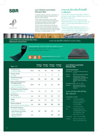 Low Stretch Laminated
Elevator Belt
4B elevator belting is of laminar construction, to
give high impact resistance coupled with low
stretch at working tension.
The EP carcass comprises a woven textile
construction having low stretch polyester fabric
warp (along its length) and impact resistant
polyamide fabric weft (across the width).
The low stretch characteristics of the belt are
achieved using the high strength textile fabric
which is pre-tensioned during the manufacturing
process. This process limits the maximum stretch
in the belt, at working strength, to 1.5%.
สายพานลําเลียงเคลือบชั้นวัสดุที่มี
การยืดตัวตํ่า
สายพานลําเลียง 4B มีโครงสรางเปนแผนชั้นบางๆ เพื่อความ
ทนทานตอการกระแทกพรอมกับการยืดตัวตํ่า สําหรับการทํางาน
ที่ตองใชสายพานที่มีความตึง
ตัวโครง EP ประกอบดวยโครงสรางที่ถูกถักทอดวยเสนใย
โพลีเอสเตอรในแนวยืน (ตามแนวยาว) ที่มีการขยายตัวตํ่า และ
ทนตอการกระแทกดวยเสนใยโพลีเอไมดที่ถักทอในแนวขวาง
(ตามแนวกวาง)
ลักษณะของสายพานที่มีการยืดตัวตํ่าเปนผลสําเร็จมาจาก
การใชโครงสรางสิ่งทอที่ถูกทําใหตึงไวตั้งแตแรกเริ่มในระหวาง
กระบวนการผลิตซึ่งกระบวนการดังกลาวนี้ ทําใหสายพาน
สามารถขยายตัวจากการทํางานไดสูงสุดไมเกิน 1.5%
Strength per ply
ความแข็งแรงตอชั้น
Number of plies
จํานวนชั้น
Total Tensile Strength
แรงดึงสมบูรณ
Maximum Working Tension
(10:1 Safety Factor)
ความตึงสูงสุดขณะทํางาน
(เผื่อคาความปลอดภัย 10:1)
Top & Bottom Cover Thickness
ความหนาของชั้นหุมดานบน
และดานลาง
Belt Thickness
ความหนาสายพาน
Weight
นํ้าหนัก
Minimum Pulley Ø
เสนผานศูนยกลางรอกขนาดเล็กสุด
Max. Bucket Projection
ความกวางปากกะพอสูงสุด
- Light Materials e.g. cereals
- วัสดุเบา เชน ธัญพืช
- Industrial Materials
- วัสดุอุตสาหกรรม
LOW STRETCH ELEVATOR BELTING -
ABRASION RESISTANT
สายพานลําเลียงที่มีการยืดตัวตํ่า-ทนตอการขัดถู
Higher Strength Belts - EP1000 - EP2000 kN/m available on request
เรามีสายพานที่มีความแข็งแรงเหนือกวา - EP1000 - EP2000 kN/m
ซึ่งสามารถจัดหาใหลูกคาไดตามความตองการ
Temperature Range -20°C to +70°C /
ชวงอุณหภูมิการใชงาน -20 ถึง +70 องศาเซลเซียส
Type / ชนิด
Low Stretch Laminated
Elevator Belt
Technical Specifications
Applications: For fat and oil free products up
to 70°C
Covers: SBR Styrene Butadiene Rubber
Carcass: Polyester fabric warp and
polyamide fabric weft plies (EP)
separated by 0.3mm thick
synthetic rubber laminates of
SBR
Temperature Range: -20°C to +70°C
Standard: Manufactured to BS 490,
DIN 22102 and DIN 22104
standard
สายพานลําเลียงเคลือบชั้นวัสดุ
ที่มีการยืดตัวตํ่า
รายละเอียดทางเทคนิค
การใชงาน: สําหรับผลิตภัณฑที่ไมมี
องคประกอบของไขมันและ
นํ้ามันที่อุณหภูมิไมเกิน
70 องศาเซลเซียส
เกราะหุม: ยางสไตรีนบิวตะไดอีน
โครง: โพลีเอสเตอรที่ทอแนวยืน
และโพลีเอไมดทอในแนวขวาง
(EP) คั่นดวยชั้นยาง SBR
สังเคราะหหนา 0.3 มม.
ชวงอุณหภูมิ: -20 ถึง +70 องศาเซลเซียส
มาตรฐาน: ผลิตตามมาตรฐาน BS 490,
DIN 22102 และ DIN 22104
 