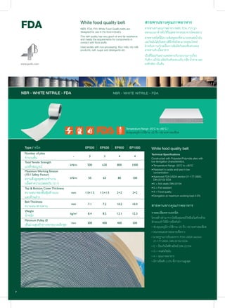 สายพานขาวคุณภาพอาหาร
สายพานขาวคุณภาพอาหาร NBR, FDA, PLY ถูก
ออกแบบมาสําหรับใชในอุตสาหกรรมอาหารโดยเฉพาะ
สายพานชนิดนี้มีความพิเศษตรงที่สามารถทนตอนํ้ามัน
และไขมันไดเปนอยางดีอีกทั้งยังสามารถตอบโจทย
สําหรับความกังวลเรื่องการสัมผัสกันของชิ้นสวนของ
สายพานกับเนื้ออาหาร
เปนที่นิยมกันอยางแพรหลายกับกระบวนการเกี่ยว
กับขาว แปงโม ผลิตภัณฑนมอบแหง เกลือ นํ้าตาล และ
ผงซักฟอก เปนตน
NBR - WHITE NITRILE - FDA
สายพานขาวคุณภาพอาหาร
รายละเอียดทางเทคนิค
โครงสรางทํามาจากโพลีเอสเตอร/โพลีเอไมดทอดวย
ลักษณะทําใหมีการยืดตัวตํ่า
• ชวงอุณหภูมิการใชงาน -20 ถึง +80 องศาเซลเซียส
• ทนกรดและสารละลายเจือจาง
• มาตรฐานการรับรองจาก FDA USDA section
21-177-2600, DIN 22102 EGA
• E = ปองกันไฟฟาสถิตย DIN 22104
• G = ทนตอไขมัน
• A = คุณภาพอาหาร
• มีการยืดตัว 2.0% ที่ภาระงานสูงสุด
Type / ชนิด
White food quality belt
NBR, FDA, PLY, White Food Quality belts are
designed for use in the food industry.
This belt quality has very good oil and fat resistance
and meets the requirements for components in
contact with food stuffs.
Used widely with rice processing, flour mills, dry milk
products, salt, sugar and detergents etc.
Temperature Range -20°C to +80°C /
ชวงอุณหภูมิการใชงาน -20 ถึง +80 องศาเซลเซียส
Number of plies
จํานวนชั้น
Total Tensile Strength
แรงดึงสมบูรณ
Maximum Working Tension
(10:1 Safety Factor)
ความตึงสูงสุดขณะทํางาน
(เผื่อคาความปลอดภัย 10:1)
Top & Bottom Cover Thickness
ความหนาของชั้นหุมดานบน
และดานลาง
Belt Thickness
ความหนาสายพาน
Weight
นํ้าหนัก
Minimum Pulley Ø
เสนผานศูนยกลางรอกขนาดเล็กสุด
White food quality belt
Technical Specifications
Constructed with Polyester/Polymide plies with
low elongation characteristics.
• Temperature Range -20°C to +80°C
• Resistant to acids and lyes in low
concentration
• Approved FDA USDA section 21-177-2600,
DIN 22102 EGA
• E = Anti-static DIN 22104
• G = Fat resistant
• A = Food quality
• Elongation at maximum working load 2.0%
NBR - WHITE NITRILE - FDA
 