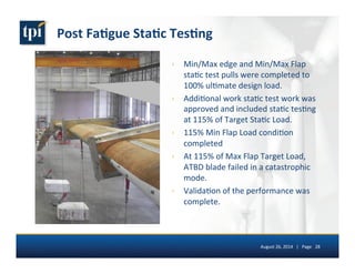 Post 
Fa(gue 
Sta(c 
Tes(ng 
› Min/Max 
edge 
and 
Min/Max 
Flap 
sta5c 
test 
pulls 
were 
completed 
to 
100% 
ul5mate 
design 
load. 
› Addi5onal 
work 
sta5c 
test 
work 
was 
approved 
and 
included 
sta5c 
tes5ng 
at 
115% 
of 
Target 
Sta5c 
Load. 
› 115% 
Min 
Flap 
Load 
condi5on 
completed 
› At 
115% 
of 
Max 
Flap 
Target 
Load, 
ATBD 
blade 
failed 
in 
a 
catastrophic 
mode. 
› Valida5on 
of 
the 
performance 
was 
complete. 
August 
26, 
2014 
| 
Page 
28 
 