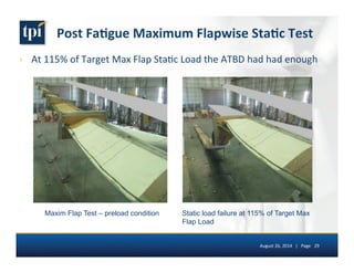 Post 
Fa(gue 
Maximum 
Flapwise 
Sta(c 
Test 
› At 
115% 
of 
Target 
Max 
Flap 
Sta5c 
Load 
the 
ATBD 
had 
had 
enough 
Maxim Flap Test – preload condition Static load failure at 115% of Target Max 
August 
26, 
2014 
| 
Page 
29 
Flap Load 
 