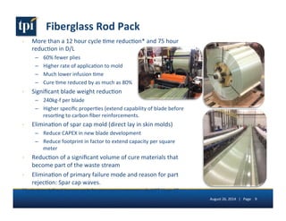 Fiberglass 
Rod 
Pack 
› More 
than 
a 
12 
hour 
cycle 
5me 
reduc5on* 
and 
75 
hour 
reduc5on 
in 
D/L 
– 60% 
fewer 
plies 
– Higher 
rate 
of 
applica5on 
to 
mold 
– Much 
lower 
infusion 
5me 
– Cure 
5me 
reduced 
by 
as 
much 
as 
80% 
› Significant 
blade 
weight 
reduc5on 
– 240kg-­‐f 
per 
blade 
– Higher 
specific 
proper5es 
(extend 
capability 
of 
blade 
before 
resor5ng 
to 
carbon 
fiber 
reinforcements. 
› Elimina5on 
of 
spar 
cap 
mold 
(direct 
lay 
in 
skin 
molds) 
– Reduce 
CAPEX 
in 
new 
blade 
development 
– Reduce 
footprint 
in 
factor 
to 
extend 
capacity 
per 
square 
meter 
› Reduc5on 
of 
a 
significant 
volume 
of 
cure 
materials 
that 
become 
part 
of 
the 
waste 
stream 
› Elimina5on 
of 
primary 
failure 
mode 
and 
reason 
for 
part 
rejec5on: 
Spar 
cap 
waves. 
*Cycle 
5me 
defined 
here 
as 
cycle 
for 
spar 
cap 
component 
mfg 
NOT 
blade 
CT. 
August 
26, 
2014 
| 
Page 
9 
 