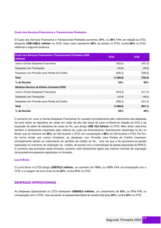 Custo dos Serviços Financeiros e Transacionais Prestados
O Custo dos Serviços Financeiros e Transacionais Prestados aumentou 37%, ou 36% FXN, em relação ao 2T22,
atingindo US$1.086,6 milhões no 2T23. Esse custo representa 58% da receita no 2T23, contra 69% no 2T22,
reﬂetindo a seguinte dinâmica:
Custo dos Serviços Financeiros e Transacionais Prestados (US$
milhões)
2T23 2T22
Juros e Outras Despesas Financeiras (453,4) (407,5)
Despesas com Transações (42,8) (48,0)
Despesas com Provisão para Perdas de Crédito (590,4) (338,5)
Total (1.086,6) (794,0)
% da Receita 58% 69%
Medidas Neutras de Efeitos Cambiais (FXN)
Juros e Outras Despesas Financeiras (453,4) (411,2)
Despesas com Transações (42,8) (48,4)
Despesas com Provisão para Perdas de Crédito (590,4) (341,5)
Total (1.086,6) (801,1)
% da Receita 58% 69%
O aumento em Juros e Outras Despesas Financeiras foi causado principalmente pelo crescimento das despesas
de juros sobre os depósitos de varejo em razão da alta das taxas de juros no Brasil em relação ao 2T22 e da
expansão do saldo de depósitos de varejo do Nu, que atingiu US$ 18,0 bilhões no 2T23. Além disso, esta linha
também é diretamente impactada pela melhora do custo de ﬁnanciamento recentemente observada no Nu no
Brasil, que se manteve em 80% do CDI durante o 2T23, em comparação a 98% do CDI durante o 2T22. Por ﬁm,
de forma similar aos outros trimestres, as despesas com Provisão para Perdas de Crédito cresceram
principalmente devido ao crescimento do portfólio de crédito do Nu, uma vez que o Nu provisiona as perdas
esperadas no momento da originação do crédito, de acordo com a metodologia de perdas esperadas do IFRS 9.
O aumento das provisões nesse trimestre, portanto, está diretamente ligado aos maiores volumes de originação
de empréstimos pessoais registrados no trimestre.
Lucro Bruto
O Lucro Bruto no 2T23 atingiu US$782,0 milhões, um aumento de 115%, ou 113% FXN, na comparação com o
2T22, e a margem de lucro bruto foi de 42%, contra 31% no 2T22.
DESPESAS OPERACIONAIS
As Despesas Operacionais no 2T23 totalizaram US$458,0 milhões, um crescimento de 18%, ou 17% FXN, na
comparação com o 2T22, mas recuando na representatividade da receita total para 25%, contra 34% no 2T22.
11
 