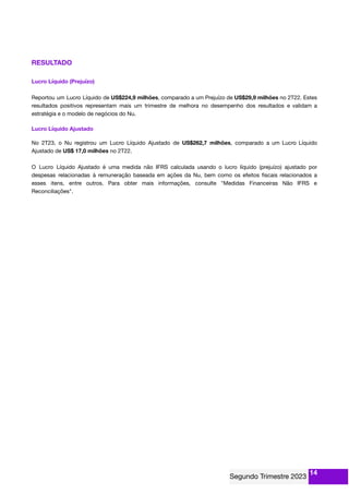 RESULTADO
Lucro Líquido (Prejuízo)
Reportou um Lucro Líquido de US$224,9 milhões, comparado a um Prejuízo de US$29,9 milhões no 2T22. Estes
resultados positivos representam mais um trimestre de melhora no desempenho dos resultados e validam a
estratégia e o modelo de negócios do Nu.
Lucro Líquido Ajustado
No 2T23, o Nu registrou um Lucro Líquido Ajustado de US$262,7 milhões, comparado a um Lucro Líquido
Ajustado de US$ 17,0 milhões no 2T22.
O Lucro Líquido Ajustado é uma medida não IFRS calculada usando o lucro líquido (prejuízo) ajustado por
despesas relacionadas à remuneração baseada em ações da Nu, bem como os efeitos ﬁscais relacionados a
esses itens, entre outros. Para obter mais informações, consulte "Medidas Financeiras Não IFRS e
Reconciliações".
14
 
