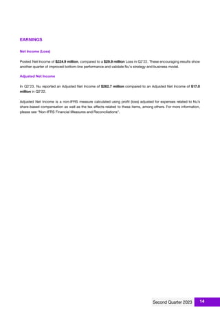 EARNINGS
Net Income (Loss)
Posted Net Income of $224.9 million, compared to a $29.9 million Loss in Q2'22. These encouraging results show
another quarter of improved bottom-line performance and validate Nu's strategy and business model.
Adjusted Net Income
In Q2'23, Nu reported an Adjusted Net Income of $262.7 million compared to an Adjusted Net Income of $17.0
million in Q2'22.
Adjusted Net Income is a non-IFRS measure calculated using proﬁt (loss) adjusted for expenses related to Nu’s
share-based compensation as well as the tax eﬀects related to these items, among others. For more information,
please see “Non-IFRS Financial Measures and Reconciliations".
14
 