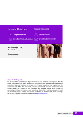 About Nu Holdings Ltd.
Nu is one of the world’s largest digital ﬁnancial services platforms, serving more than 83
million customers across Brazil, Mexico and Colombia. Nu uses proprietary technologies and
innovative business practices to create new ﬁnancial solutions and experiences for
individuals and SMEs that are simple, intuitive, convenient, low-cost, empowering and
human. Guided by a mission to ﬁght complexity and empower people, Nu is focused on
connecting proﬁt and purpose to create value for all stakeholders and have a positive impact
on the communities it serves. Nu's shares are traded on the New York Stock Exchange
(NYSE: NU). For more information, please visit www.nubank.com.br.
27
 