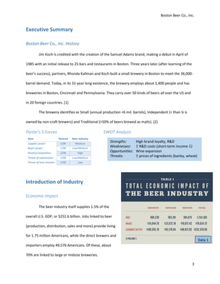 Boston Beer Co., Inc.
3
Executive Summary
Boston Beer Co., Inc. History
Jim Koch is credited with the creation of the Samuel Adams brand, making a debut in April of
1985 with an initial release to 25 bars and restaurants in Boston. Three years later (after learning of the
beer’s success), partners, Rhonda Kallman and Koch built a small brewery in Boston to meet the 36,000-
barrel demand. Today, in its 31-year long existence, the brewery employs about 1,400 people and has
breweries in Boston, Cincinnati and Pennsylvania. They carry over 50 kinds of beers all over the US and
in 20 foreign countries. [1]
The brewery identifies as Small (annual production <6 mil. barrels), Independent (< than ¼ is
owned by non-craft brewers) and Traditional (>50% of beers brewed as malts). [2]
Porter’s 5 Forces SWOT Analysis
Introduction of Industry
Economic Impact
The beer industry itself supplies 1.5% of the
overall U.S. GDP, or $252.6 billion. Jobs linked to beer
(production, distribution, sales and more) provide living
for 1.75 million Americans, while the direct brewers and
importers employ 49,576 Americans. Of these, about
70% are linked to large or midsize breweries.
Item Desired Beer industry
Supplier power LOW Medium
Buyer power LOW Low/Medium
Rivalry/competition LOW High
Threat of substitution LOW Low/Medium
Threat of new entrants LOW Low
Data 1
Strengths: High brand loyalty, R&D
Weaknesses: ⇧ R&D costs (short-term income ⇩)
Opportunities: Wine expansion
Threats: ⇧ prices of ingredients (barley, wheat)
 
