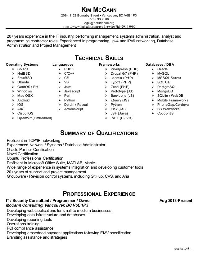Kim McCann CV and Contractor Bio