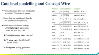 Gate level modelling and Concept Wire
▪ Verilog language provides basic gates
as built-in Primitives as shown.
▪ Since they are predefined, they do
not need module definition.
▪ Primitives available in Verilog.
i. Multiple input gates: and,
nand, or, nor, xor, xnor
ii. Multiple output gates: not,buf
iii. Tristate gates: bufif0, bufif1,
notif0, notif1
iv. Pull gates: pullup, pulldown
 