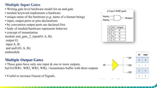 Multiple Input Gates
▪ Writing gate level hardware model for an and-gate
▪ module keyword implements a hardware
▪ unique name of the hardware (e.g. name of a human being)
▪ input, output ports or pins declarations
▪ by convention output ports are declared first
▪ body of module/hardware represents behavior
▪ concept of instantiation
module and_gate_2_input(O, A, B);
output O;
input A, B;
and and1(O, A, B);
endmodule
Multiple Output Gates
▪ These gates have only one input & one or more outputs.
buf b1(WR1, WR2, WR3, WR); //instantiates buffer with three outputs
▪ Useful to increase Fanout of Signals.
 