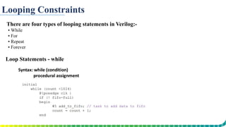 Looping Constraints
There are four types of looping statements in Verilog:-
▪ While
▪ For
▪ Repeat
▪ Forever
Loop Statements - while
 