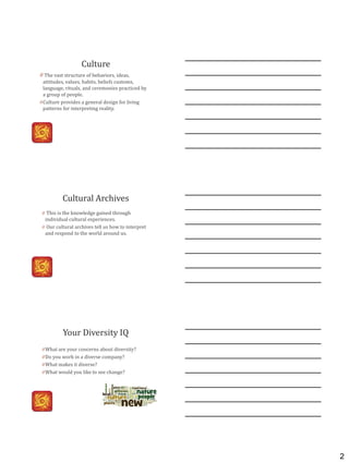 2
Culture
0 The vast structure of behaviors, ideas,
attitudes, values, habits, beliefs customs,
language, rituals, and ceremonies practiced by
a group of people.
0 Culture provides a general design for living
patterns for interpreting reality.
Cultural Archives
0 This is the knowledge gained through
individual cultural experiences.
0 Our cultural archives tell us how to interpret
and respond to the world around us.
Your Diversity IQ
0 What are your concerns about diversity?
0 Do you work in a diverse company?
0 What makes it diverse?
0 What would you like to see change?
 