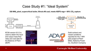 Case Study #1: “Ideal System”
15
Solid sorbent and
vessel conditions
reported for the 1 MW
pilot project at Plant
Miller, Alabama Power
Co, Southern Company
IECM version 8.0.2 is
used to obtain the input
and output mass flow
rates and cost data for
the Balance of Plant
(BOP)
CO2-rich
flue gas
Mostly N2
550 MWe plant, supercritical boiler, Illinois #6 coal, meets NSPS regs + 90% CO2 capture
 