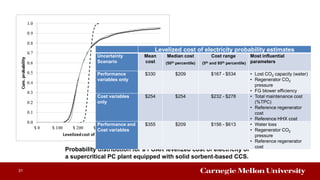 Probability distribution for a FOAK levelized cost of electricity of
a supercritical PC plant equipped with solid sorbent-based CCS.
31
Levelized cost of electricity probability estimates
Uncertainty
Scenario
Mean
cost
Median cost
(50th percentile)
Cost range
(5th and 95th percentile)
Most influential
parameters
Performance
variables only
$330 $209 $167 - $534 • Lost CO2 capacity (water)
• Regenerator CO2
pressure
• FG blower efficiency
Cost variables
only
$254 $254 $232 - $278 • Total maintenance cost
(%TPC)
• Reference regenerator
cost
• Reference HHX cost
Performance and
Cost variables
$355 $209 $156 - $613 • Water loss
• Regenerator CO2
pressure
• Reference regenerator
cost
 