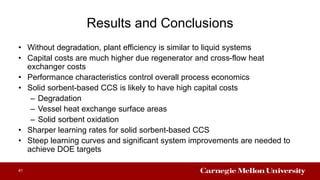 Results and Conclusions
• Without degradation, plant efficiency is similar to liquid systems
• Capital costs are much higher due regenerator and cross-flow heat
exchanger costs
• Performance characteristics control overall process economics
• Solid sorbent-based CCS is likely to have high capital costs
– Degradation
– Vessel heat exchange surface areas
– Solid sorbent oxidation
• Sharper learning rates for solid sorbent-based CCS
• Steep learning curves and significant system improvements are needed to
achieve DOE targets
41
 