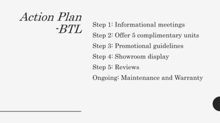 Action Plan
-BTL
Step 1: Informational meetings
Step 2: Offer 5 complimentary units
Step 3: Promotional guidelines
Step 4: Showroom display
Step 5: Reviews
Ongoing: Maintenance and Warranty
 