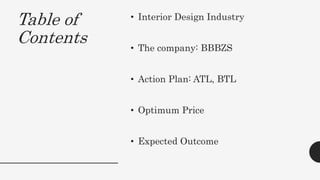 Table of
Contents
• Interior Design Industry
• The company: BBBZS
• Action Plan: ATL, BTL
• Optimum Price
• Expected Outcome
 