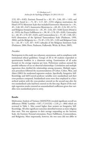 N. Ghorbani et al. /
Archive for the Psychology of Religion 33 (2011) 93-113 101
2.52, SD = 0.82), Extrinsic Personal (α = .82, M = 2.66, SD = 1.03), and
Extrinsic Social (α = .71, M = 1.17, SD = 0.91) religious motivations; the
Hood (1975) Mysticism Scale that included Extrovertive Mysticism (α = .81,
M = 2.40, SD = 0.67), Introvertive Mysticism (α = .69, M = 2.24, SD = 0.71),
and Religious Interpretation (α = .81, M = 2.64, SD = 0.68) factors (Hood et
al., 1993); the Prayer Fulﬁllment (α = .90, M = 2.78, SD = 0.89), Universality
(α = .68, M = 2.76; SD = 0.63), and Connectedness (α = .57, M = 2.60, SD =
0.65) dimensions of the Spiritual Transcendence Scale (Piedmont, 1999,
2004); and the Religiosity (α = .73, M = 2.53, SD = 1.03) and Religious Crisis
(α = .62, M = 1.25, SD = 0.81) subscales of the Religious Sentiment Scale
(Piedmont, 2004; Horn, Piedmont, Fialkowski, Wicks, & Hunt, 2005).
Procedure
Participation in this study was voluntary, anonymous, and in compliance with
institutional ethical guidelines. Groups of 20 to 40 students responded to
questionnaire booklets in a classroom setting. Examinations of all scales
focused on the average response per item. Preliminary analyses assessed the
possible inﬂuence of sex on observed relationships. Correlations and multiple
regressions then clariﬁed the relationships among measures. Multiple regres-
sion procedures followed the recommendations of Cohen, Cohen, West, and
Aiken (2003) for moderated regression analysis. Speciﬁcally, Integrative Self-
Knowledge and Self-Control predictor variables were standardized and their
cross-products computed. Standardized scores were then employed in a hier-
archical analysis with the cross-product entered on the second step after the
two standardized scales had been entered on the ﬁrst step. Report of the mul-
tiple regression results centered on unstandardized coeﬃcients given that vari-
ables were standardized prior to entry.
Results
Multivariate Analysis of Variance (MANOVA) revealed signiﬁcant overall sex
diﬀerences (Wilks’ Lambda = 0.87, F [14/224] = 2.39, p = .004) which are
reviewed in Table 1. Men scored higher than women on Integrative Self-
Knowledge. All other signiﬁcant outcomes identiﬁed women as more religious
than men. This was apparent in their average responding on the Intrinsic
Scale, the Extrinsic Personal orientation, Prayer Fulﬁllment, Connectedness,
and Religiosity. Most importantly, however, the two sexes did not diﬀer in
 