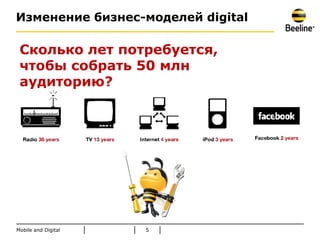 Изменение бизнес-моделей digital

 Сколько лет потребуется,
 чтобы собрать 50 млн
 аудиторию?




Mobile and Digital   5
 