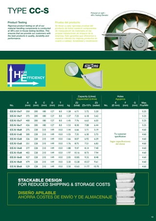 TYPE CC-S
Capacity (Litres)
Capacidad (Litros)
Holes
Agujeros
A B C D T Z2 Z3 E F G Max.
No. (mm) (mm) (mm) (mm) (mm) kg (total) Z3+10% (water) No. (Ø mm) (mm) (mm) Pcs/Mtr
CC-S 13x7 350 200 180 127 8.0 1.28 6.71 5.72 5.20 5.25
CC-S 14x7 375 200 180 127 8.0 1.37 7.25 6.18 5.62 5.25
CC-S 15x7 400 200 180 127 8.0 1.45 7.76 6.63 6.03 5.25
CC-S 16x7 426 200 180 127 8.0 1.53 8.30 7.08 6.44 5.25
CC-S 10x8 275 228 210 149 10.0 1.44 6.66 5.71 5.19 4.60
CC-S 11x8 300 228 210 149 10.0 1.55 7.35 6.30 5.73 4.60
CC-S 12x8 326 228 210 149 10.0 1.66 8.07 6.92 6.29 4.60
CC-S 13x8 351 228 210 149 10.0 1.76 8.75 7.51 6.83 4.60
CC-S 14x8 377 228 210 149 10.0 1.88 9.47 8.14 7.40 4.60
CC-S 15x8 402 228 210 149 10.0 1.97 10.16 8.73 7.94 4.60
CC-S 16x8 427 228 210 149 10.0 2.05 10.85 9.33 8.48 4.60
CC-S 18x8 479 228 210 149 10.0 2.30 12.28 10.57 9.61 4.60
CC-S 20x8 529 228 210 149 10.0 2.50 13.65 11.77 10.70 4.60
To customer
specification
Según especificaciones
del cliente
10
To customer
specification
Según especificaciones
del cliente
STACKABLE DESIGN
FOR REDUCED SHIPPING & STORAGE COSTS
DISEÑO APILABLE
AHORRA COSTES DE ENVÍO Y DE ALMACENAJE
Product Testing
Rigorous product testing on all of our
material handling components is conducted
at 4B’s own in-house testing facilities. This
ensures that we provide our customers with
the best products in quality, durability and
performance.
Prueba del producto
Se llevan a cabo rigurosas pruebas del
producto de todos nuestros componentes
de manipulación de materiales en las
propias instalaciones de ensayos de la
empresa. Esto garantiza que ofrecemos a
nuestros clientes los mejores productos en
cuanto a calidad, durabilidad y rendimiento.
Pictured on right –
4Bʼs Testing Elevator
 