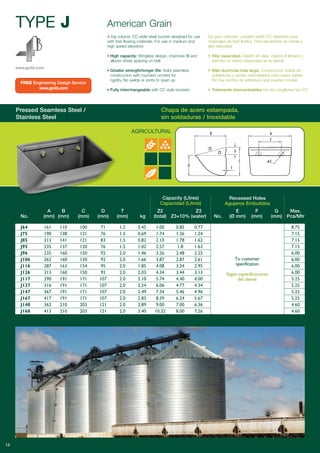 www.go4b.com
Capacity (Litres)
Capacidad (Litros)
Recessed Holes
Agujeros Embutidos
A B C D T Z2 Z3 E F G Max.
No. (mm) (mm) (mm) (mm) (mm) kg (total) Z3+10% (water) No. (Ø mm) (mm) (mm) Pcs/Mtr
J64 161 110 100 71 1.2 0.45 1.00 0.85 0.77 8.75
J75 190 138 121 76 1.5 0.69 1.74 1.36 1.24 7.15
J85 213 141 121 83 1.5 0.82 2.10 1.78 1.62 7.15
J95 235 137 120 76 1.5 1.02 2.57 1.8 1.63 7.15
J96 235 160 150 92 2.0 1.46 3.26 2.48 2.25 6.00
J106 262 160 150 92 2.0 1.66 3.87 2.87 2.61 6.00
J116 287 163 154 95 2.0 1.85 4.08 3.24 2.95 6.00
J126 313 160 150 92 2.0 2.03 4.34 3.44 3.13 6.00
J117 290 191 171 107 2.0 2.10 5.74 4.40 4.00 5.25
J127 316 191 171 107 2.0 2.24 6.06 4.77 4.34 5.25
J147 367 191 171 107 2.0 2.49 7.34 5.46 4.96 5.25
J167 417 191 171 107 2.0 2.83 8.39 6.24 5.67 5.25
J148 362 210 203 121 2.0 2.89 9.00 7.00 6.36 4.60
J168 413 210 203 121 2.0 3.40 10.32 8.00 7.26 4.60
TYPE J
A big volume, CC-style steel bucket designed for use
with free flowing materials. For use in medium and
high speed elevators
• High capacity: Wingless design, improves fill and
allows closer spacing on belt
• Greater strength/longer life: Solid seamless
construction with rounded corners for
rigidity. No welds or joints to open up
• Fully interchangeable with CC style buckets
American Grain
De gran volumen, cangilón estilo CC diseñado para
materiales de fácil fluidez. Para elevadores de media y
alta velocidad
• Alta capacidad: Diseño sin alas, mejora el llenado y
permite un menor espaciado en la banda
• Más duro/vida más larga: Construcción sólida sin
soldaduras y cantos redondeados para mayor rigidez.
No hay puntos de soldadura que puedan romper
• Totalmente intercambiables con los cangilones tipo CC
Pressed Seamless Steel /
Stainless Steel
Chapa de acero estampada,
sin soldaduras / Inoxidable
AGRICULTURAL
To customer
specification
Según especificaciones
del cliente
13
FREE Engineering Design Service
www.go4b.com
 