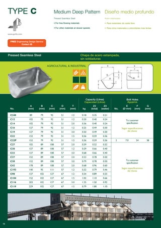 TYPE C
www.go4b.com
Capacity (Litres)
Capacidad (Litros)
Bolt Holes
Agujeros
Pressed Seamless Steel Chapa de acero estampada,
sin soldaduras
Medium Deep Pattern
Pressed Seamless Steel
• For free flowing materials
• For other materials at slower speeds
Diseño medio profundo
Acero estampado
• Para materiales de caída libre
• Para otros materiales a velocidades más lentas
A B C D T Z2 Z3 E F G
No. (mm) (mm) (mm) (mm) (mm) kg (total) (water) No. (Ø mm) (mm) (mm)
C240 89 79 92 51 1.2 0.18 0.35 0.21
C12 102 79 92 51 1.2 0.20 0.40 0.24
C14 102 79 92 51 2.0 0.36 0.40 0.24
C16 127 79 92 51 1.2 0.25 0.49 0.30
C19 127 79 92 51 3.0 0.50 0.49 0.30
C22 152 79 92 51 1.5 0.36 0.59 0.36
C22P 152 79 92 51 1.5 0.36 0.59 0.36 2 7.0 54 38
C27 102 89 108 57 2.0 0.39 0.52 0.32
C30 127 89 108 57 1.2 0.29 0.66 0.40
C33 127 89 108 57 3.0 0.68 0.66 0.40
C37 152 89 108 57 2.0 0.53 0.78 0.50
C38 152 89 108 57 3.0 0.79 0.78 0.50
C42 178 89 108 57 2.0 0.68 0.96 0.60
C193 140 95 111 57 1.2 0.32 0.79 0.46
C98 127 102 127 67 1.2 0.34 0.89 0.55
C104 152 102 127 67 1.5 1.02 1.10 0.66
C116 203 102 127 67 3.0 1.25 1.50 0.92
C119 229 102 127 67 1.5 0.79 1.80 1.10
To customer
specification
Según especificaciones
del cliente
To customer
specification
Según especificaciones
del cliente
19
FREE Engineering Design Service
Contact 4B
AGRICULTURAL & INDUSTRIAL
 