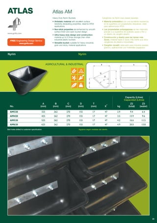 Nyrim Nyrim
Capacity (Litres)
Capacidad (Litros)
A B C D T Z2 Z3
No. (mm) (mm) (mm) (mm) (mm) X° kg (total) (water)
AM320 325 262 270 155 17 47 2.9 9.4 6.4
AM420 425 262 270 155 17 47 3.5 13.9 9.6
AM520 525 262 270 155 17 47 4.2 16.6 11.5
AM620 625 262 270 155 17 47 4.9 20.0 13.8
www.go4b.com
Bolt holes drilled to customer specification. Agujeros según medidas del cliente.
26
ATLAS Atlas AM
Heavy Duty Nyrim Buckets.
• Antistatic material with excellent surface
resistivity dissipating properties, ideal for ATEX
applications
• Non-stick properties are enhanced by smooth
surface finish and open bucket design
• Ultra heavy duty design and construction:
material up to 6 times stronger than other
industrial plastic buckets
• Versatile bucket: suitable for heavy industrial,
grain and sticky material applications
Cangilones de Nyrim para tareas pesadas.
• Material antiestático con una excelente resistencia
en la superficie con propiedades disipativas, ideal
para aplicaciones ATEX.
• Las propiedades antipegajosas se han mejorado
gracias a su superficie de acabado suave y fino y
un diseño de cangilón abierto.
• Construcción y diseño para las tareas más
duras, material hasta 6 veces más fuerte que otros
cangilones de plástico industriales.
• Cangilón versátil, adecuado para industria pesada,
granos y aplicaciones con materiales pegajosos.
FREE Engineering Design Service
www.go4b.com
AGRICULTURAL & INDUSTRIAL
 