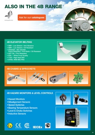 Ask for our catalogues
4B ELEVATOR BELTING
ALSO IN THE 4B RANGE
www.go4b.com
4B HAZARD MONITORS & LEVEL CONTROLS
•Hazard Monitors
•Misalignment Sensors
•Speed Switches
•Bearing Temperature Sensors
•Level & Choke Switches
•Inductive Sensors
30
• SBR – Low Stretch / Anti Abrasive
• NBR – Low Stretch / Oil Resistant
• FRASOR – ISO 340/284
Flame Retardant / Anti-Static / Oil Resistant
• HOT OIL / Fire Retardant
• FDA – White Food Quality
• T150 – High Heat Belt
• STEEL WEB BELTING
4B CHAINS & SPROCKETS
АВ 28
 