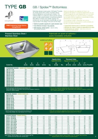 8
TYPE GB GB / Spidex™ Bottomless
Bottomless elevator bucket system. GB Spidex™ buckets
are closely spaced with a series of buckets without
bottoms followed by one bucket with a bottom. The
material is lifted in a continuous column and the carrying
space normally wasted between conventional buckets is
fully utilized to achieve much greater capacity. The
buckets pick up and discharge conventionally, but care
must be taken in the design of the boot and the head.
• Optimum possible capacity for a given elevator case
• Cost effective increase in leg capacity
• Self-cleaning, vented system - ideal for sticky
and powdery products
www.go4b.com
FREE Engineering Design Service
www.go4b.com
AGRICULTURAL
Capacity (Litres)
Capacidad (Litros)
Recessed Holes
Agujeros Embutidos
** Bucket spacing for free flowing granular products only.
* Fixing Holes GB380-165, hole centres 76-127-76mm
** Paso de los cangilones solamente para productos que fluyan bien.
* Agujeros para cangilón GB380-165, entre centros 76-127-76mm.
SPECIAL RANGE / GAMA ESPECIAL
GB215-95-B 220 93 63 1.5 0.40 0.95 2 8.5 127 25 67 14.9
GB215-95+B 220 93 63 1.5 0.50 0.95 2 8.5 127 25 67 14.9
GB380-165-B 380 165 80 2.5 1.70 3.50 4 9.0 * 36 88 11.4
GB380-165+B 380 165 80 2.5 2.15 3.50 4 9.0 * 36 88 11.4
GB325-190-B 335 191 88 2.5 1.65 3.60 3 9.0 100 25 100 10.5
GB325-190+B 335 191 88 2.5 2.11 3.60 3 9.0 100 25 100 10.5
GB400-200-B 410 200 97 2.0 1.66 5.40 4 9.0 94 32 105 9.5
GB400-200+B 410 200 97 2.0 2.20 5.40 4 9.0 94 32 105 9.5
GB430-200-B 437 200 95 2.0 1.77 5.56 4 9.0 94 32 105 9.5
GB430-200+B 437 200 95 2.0 2.30 5.56 4 9.0 94 32 105 9.5
** Bucket spacing for free flowing granular products only.
* Fixing Holes GB300-165. Alternative hole punching available: Slotted for
101mm to 104mm centres
** Paso de los cangilones solamente para productos que fluyan bien.
* Agujeros para cangilón GB300-165. Disponibles como alternativa agujeros ovalados de
101 a 104mm entre centros.
A B C T Z2 E F G P**
Code No. (mm) (mm) (mm) (mm) kg (total) No. (Ø mm) (mm) (mm) (mm) Pcs/Mtr
STANDARD RANGE / GAMA GB STANDARD
GB130-110-B 136 114 51 1.5 0.30 0.50 2 8.5 70 22 57 17.5
GB130-110+B 136 114 51 1.5 0.36 0.50 2 8.5 70 22 57 17.5
GB180-140-B 185 139 65 1.5 0.45 1.18 2 9.0 100 32 71 14.0
GB180-140+B 185 139 65 1.5 0.55 1.18 2 9.0 100 32 71 14.0
GB230-165-B 237 163 71 2.0 0.83 2.10 2 10.0 120 32 80 12.5
GB230-165+B 237 163 71 2.0 1.12 2.10 2 10.0 120 32 80 12.5
GB300-165-B 305 166 80 2.0 1.10 2.75 3 10.5 90* 36 88 11.4
GB300-165+B 305 166 80 2.0 1.40 2.75 3 10.5 90* 36 88 11.4
GB350-200-B 355 200 100 2.5 1.95 4.75 4 11.0 90 42 111 9.0
GB350-200+B 355 200 100 2.5 2.50 4.75 4 11.0 90 42 111 9.0
GB400-220-B 410 218 115 3.0 2.30 6.91 4 11.0 100 45 125 8.0
GB400-220+B 410 218 115 3.0 2.95 6.91 4 11.0 100 45 125 8.0
SPIDEX RANGE / GAMA SPIDEX
Spidex 100-90-B 106 88 45 0.9 0.10 0.23 2 8.5 50 17 50 20.0
Spidex 100-90+B 106 88 45 0.9 0.12 0.23 2 8.5 50 17 50 20.0
Spidex 130-110-B 136 114 51 1.5 0.26 0.50 2 8.5 70 22 57 17.5
Spidex 130-110+B 136 114 51 1.5 0.31 0.50 2 8.5 70 22 57 17.5
Spidex 180-140-B 185 139 65 1.5 0.41 1.08 2 9.0 100 32 71 14.0
Spidex 180-140+B 185 139 65 1.5 0.50 1.08 2 9.0 100 32 71 14.0
Spidex 280-165-B 291 165 80 2.0 0.99 2.67 3 11.0 90 36 87 11.5
Spidex 280-165+B 291 165 80 2.0 1.32 2.67 3 11.0 90 36 87 11.5
Spidex 330-190-B 341 192 99 3.0 2.07 4.50 3 12.0 100 49 105 9.5
Spidex 330-190+B 341 192 99 3.0 2.82 4.50 3 12.0 100 49 105 9.5
Note: Spidex 100-90, Spidex 130-110 and Spidex 180-140
buckets have flat holes with notched back.
Nota: Los cangilones Spidex 100-90, Spidex 130-110 y Spidex 180-140 tienen
agujeros planos, con una muesca en la parte trasera.
Sistema de elevador de cangilones sin fondo. Los
cangilones GB Spidex™ se espacian ligeramente con una
serie de cangilones sin fondo seguidos por uno con fondo.
El material es elevado por columna contínua y el espacio
que se pierde entre los cangilones convencionales se utiliza
para alcanzar una capacidad mayor.
Los cangilones cargan y descargan de la forma
convencional pero hay que tener en cuenta el diseño de
los pies y la cabeza del elevador.
• Capacidad máxima para un elevador ya existente
• Eficiente de costos y mejora la capacidad de la caña
• Autolimpieza por venteo - ideal para productos
pegajosos y polvorientos
Pressed Seamless Steel /
Stainless Steel
Fabricado en acero al carbono /
acero inoxidable embutido
 