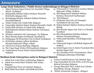 Annexure
1. Athani Farmers Sugar Factory Ltd ,Navalihal Village,
Athani, Tq.Belgum
2. Malaprabha Sahakari Sakare Karkane Niyamith
M.K.Hubli, Belgaum Dist
3. Doodaganga Krishna, Sahakari Sakkare Karkane
NiyamithChikkodi
4. Gokak Textiles Ltd, Gokak Falls ,Belgaum
5. Gataprabha Sahakari Sakare Karkane Hiyamith, Gokak
6. Gokak Mills Division of, Gokak Falls, Belgaum
7. Halasiddanath Sahakari Sakare Karkane Ltd,Nipani,
Chikkodi
8. Hindalco Industries Ltd. Yamanapur, Tq. Belgaum
9. Shree Renuka Sugars Ltd,Munoli, Soundatti tq
10. Siddaganga Oil Extractions Unit-I,Ukkad Tq.Belgaum
11. Sri Krishna sahakari sakkare Karkhane
Niyamit,Sankonatti Village, Athani
12. Tata Power Projects,Kanbargi ,Belgaum
13. The Urgar Sugar Works LTD,Ugarkhurd, Belgaum
14. Venkateshwar Power Project Limited,Bedikihal,
Chikkodi
14. Vishwanath Co-Generation Limited, Bellada
Bagewadi, Village, Hukkery
15. Shri Bhagyalaxmi Sahakari Sakkare
Karkane, Rumewadi Tq.Khanapur
16. Dist:Belgaum
17. Hindustan latex Ltd, A/P Kanagala
Tq.Hukkeri( Life care Ltd)
18. Raibag Sahakari Sakkare Karkane Niyamit,
Raibag
19. Shre Renuka Sugars Ltd, Unit-2 A/ Burlatti
Tq.Athani
20. Shri Dhanalakshmi Sahakari Sakkare
Karkane Niyamith,Khanpet.
21. Vishwanath Distrillery LTD,B.Bageawadi,
Hukkeri
22. Vishwanath Sugars Ltd,Bellada Bageawadi
Hukkeri
23. Gokak Sugars Ltd, At. Kolavi Tq.Gokak (M/s
Renuka Sugars Ltd)
24. M/s Netalakar Power Transmission, Plant-
II,Majagaon,Khanapur Road,Bgm
Large Scale Industries / Public Sector undertakings in Belagavi District:
Medium Scale Enterprises units in Belagavi District:
1. Ashok Iron works Plant-1,Udyambag, Belgaum
2. Ashok Iron works Plant-II Mache Indl, Estate,
Belgaum
3. Campbell Knit Wear Ltd, Marihal ,Belgaum
4. Riddi Siddi Gluco Boils, Ltd,FallsRoad,Gokak
5. Forbes Cambell knitware Ltd, Marihal, Bgm
6. Vega Funmobiles Pvt Ltd, Pl.No.12 B S.No.342
Bemcial Ind.estate Belgaum
7. Navage Plant,M/C Divn, Ashok Iron Cylinder
Head Block, Navage, Belgaum
8. INDAL Aluminium Company –Belagavi
 