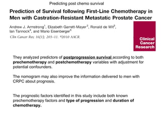 They analyzed predictors of  postprogression survival  according to both  prechemotherapy  and  postchemotherapy  variables with adjustment for potential confounders.  The nomogram may also improve the information delivered to men with CRPC about prognosis.  The prognostic factors identified in this study include both known prechemotherapy factors and  type of progression  and  duration of chemotherapy.  Predicting post chemo survival 