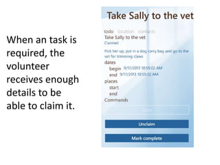 When an task is
required, the
volunteer
receives enough
details to be
able to claim it.
 