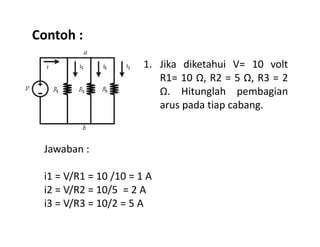 Contoh :
1. Jika diketahui V= 10 volt
R1= 10 Ω, R2 = 5 Ω, R3 = 2
Ω. Hitunglah pembagian
arus pada tiap cabang.
Jawaban :
i1 = V/R1 = 10 /10 = 1 A
i2 = V/R2 = 10/5 = 2 A
i3 = V/R3 = 10/2 = 5 A
 