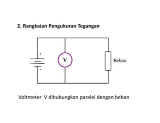2. Rangkaian Pengukuran Tegangan
Voltmeter V dihubungkan paralel dengan beban
 