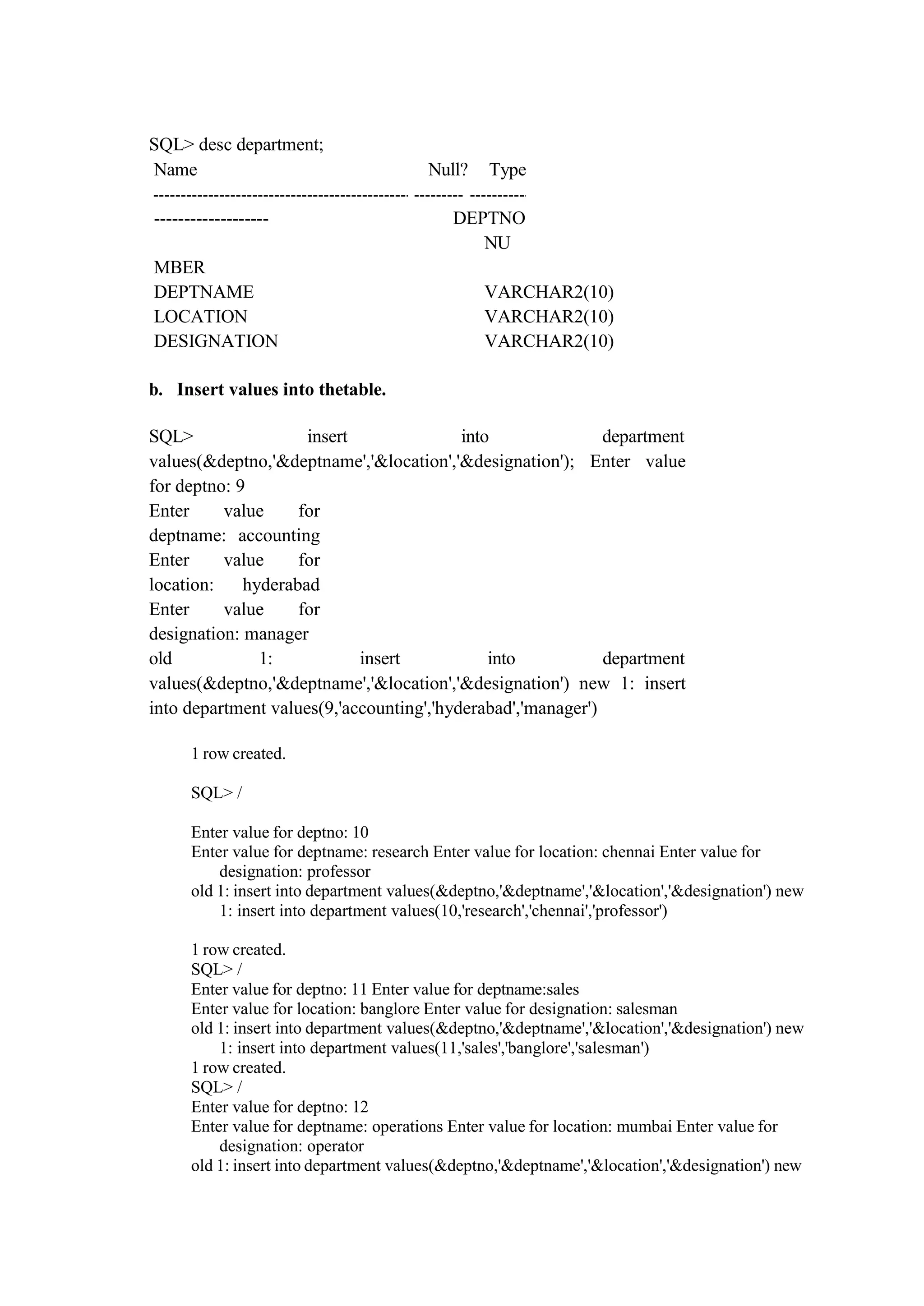 SQL> desc department;
Name Null? Type
------------------- DEPTNO
NU
MBER
DEPTNAME VARCHAR2(10)
LOCATION VARCHAR2(10)
DESIGNATION VARCHAR2(10)
b. Insert values into thetable.
SQL> insert into department
values(&deptno,'&deptname','&location','&designation'); Enter value
for deptno: 9
Enter value for
deptname: accounting
Enter value for
location: hyderabad
Enter value for
designation: manager
old 1: insert into department
values(&deptno,'&deptname','&location','&designation') new 1: insert
into department values(9,'accounting','hyderabad','manager')
1 row created.
SQL> /
Enter value for deptno: 10
Enter value for deptname: research Enter value for location: chennai Enter value for
designation: professor
old 1: insert into department values(&deptno,'&deptname','&location','&designation') new
1: insert into department values(10,'research','chennai','professor')
1 row created.
SQL> /
Enter value for deptno: 11 Enter value for deptname:sales
Enter value for location: banglore Enter value for designation: salesman
old 1: insert into department values(&deptno,'&deptname','&location','&designation') new
1: insert into department values(11,'sales','banglore','salesman')
1 row created.
SQL> /
Enter value for deptno: 12
Enter value for deptname: operations Enter value for location: mumbai Enter value for
designation: operator
old 1: insert into department values(&deptno,'&deptname','&location','&designation') new
 